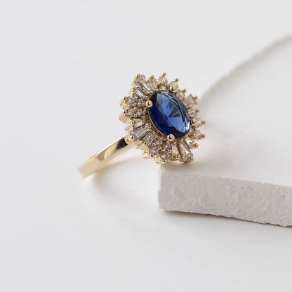 Oval Lab-Grown Blue Sapphire Ring with Moissanite Halo | 18K Gold Plated 925 Sterling Silver Vintage Firework Ring for Women - BOCOS Jewelry