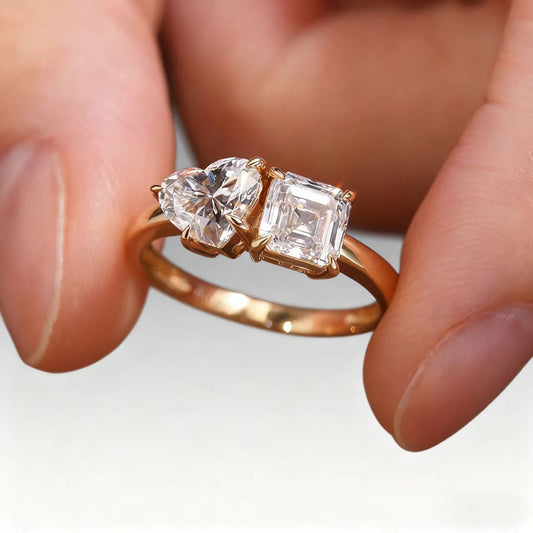 Toi et Moi 1ct Heart Cut & 1ct Asscher Cut Moissanite Ring | 18K Gold Plated 925 Sterling Silver Two-Stone Engagement Ring - BOCOS Jewelry