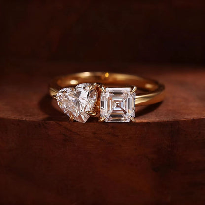 Toi et Moi 1ct Heart Cut & 1ct Asscher Cut Moissanite Ring | 18K Gold Plated 925 Sterling Silver Two-Stone Engagement Ring - BOCOS Jewelry