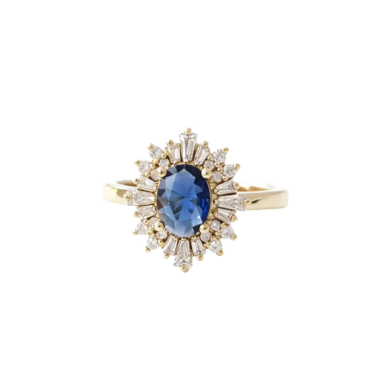 Oval Lab-Grown Blue Sapphire Ring with Moissanite Halo | 18K Gold Plated 925 Sterling Silver Vintage Firework Ring for Women - BOCOS Jewelry