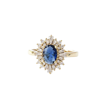 Oval Lab-Grown Blue Sapphire Ring with Moissanite Halo | 18K Gold Plated 925 Sterling Silver Vintage Firework Ring for Women - BOCOS Jewelry