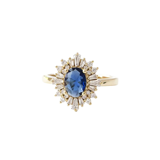 Oval Lab-Grown Blue Sapphire Ring with Moissanite Halo | 18K Gold Plated 925 Sterling Silver Vintage Firework Ring for Women - BOCOS Jewelry