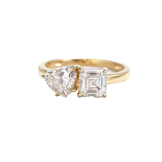 Toi et Moi 1ct Heart Cut & 1ct Asscher Cut Moissanite Ring | 18K Gold Plated 925 Sterling Silver Two-Stone Engagement Ring - BOCOS Jewelry