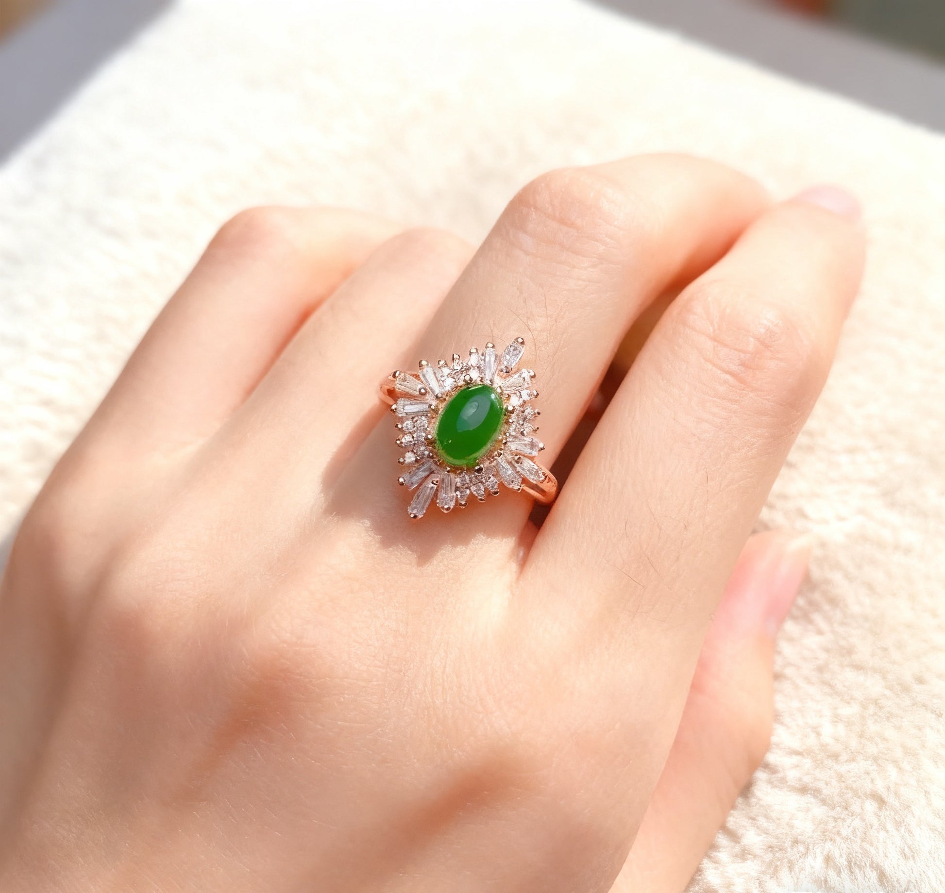 Oval Jade Ring with Moissanite Halo | 925 Sterling Silver Rose Gold Plated Firework Ring for Women - BOCOS Jewelry