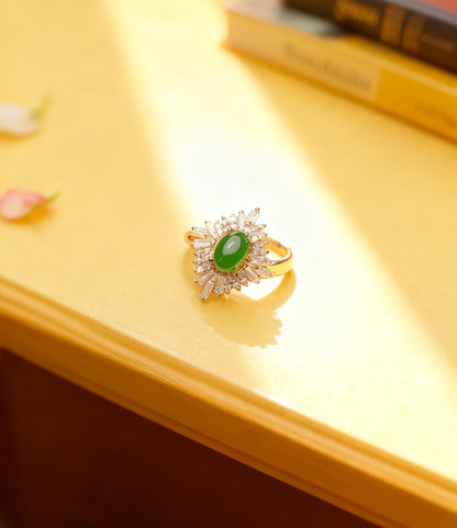 Oval Jade Ring with Moissanite Halo | 925 Sterling Silver Rose Gold Plated Firework Ring for Women - BOCOS Jewelry