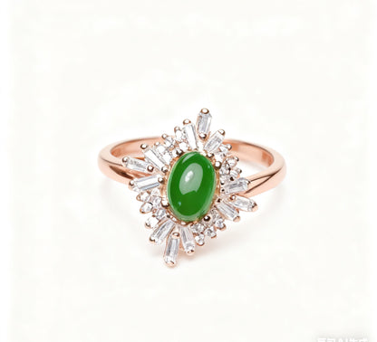 Oval Jade Ring with Moissanite Halo | 925 Sterling Silver Rose Gold Plated Firework Ring for Women - BOCOS Jewelry