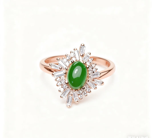 Oval Jade Ring with Moissanite Halo | 925 Sterling Silver Rose Gold Plated Firework Ring for Women - BOCOS Jewelry