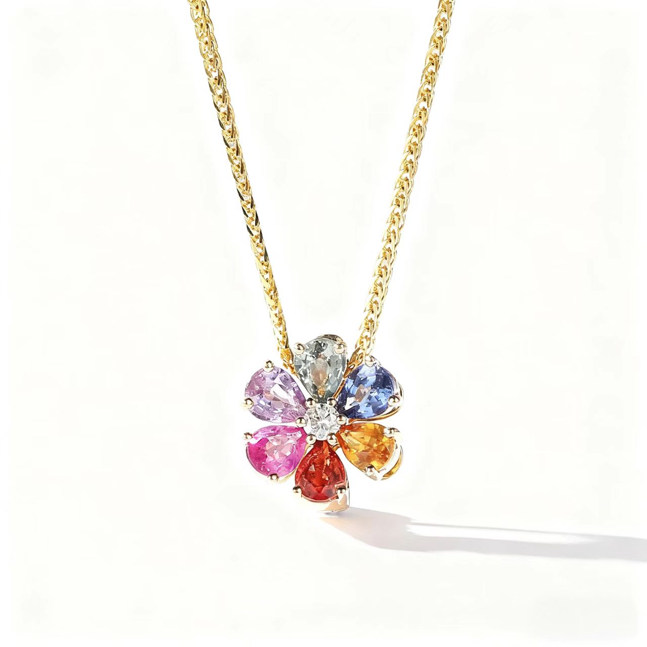 Multicolored Lab-Grown Sapphire Flower Pendant | 18K Gold Plated 925 Sterling Silver Necklace with Moissanite - BOCOS Jewelry