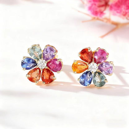 Multicolored Lab-Grown Sapphire Flower Pendant | 18K Gold Plated 925 Sterling Silver Necklace with Moissanite - BOCOS Jewelry