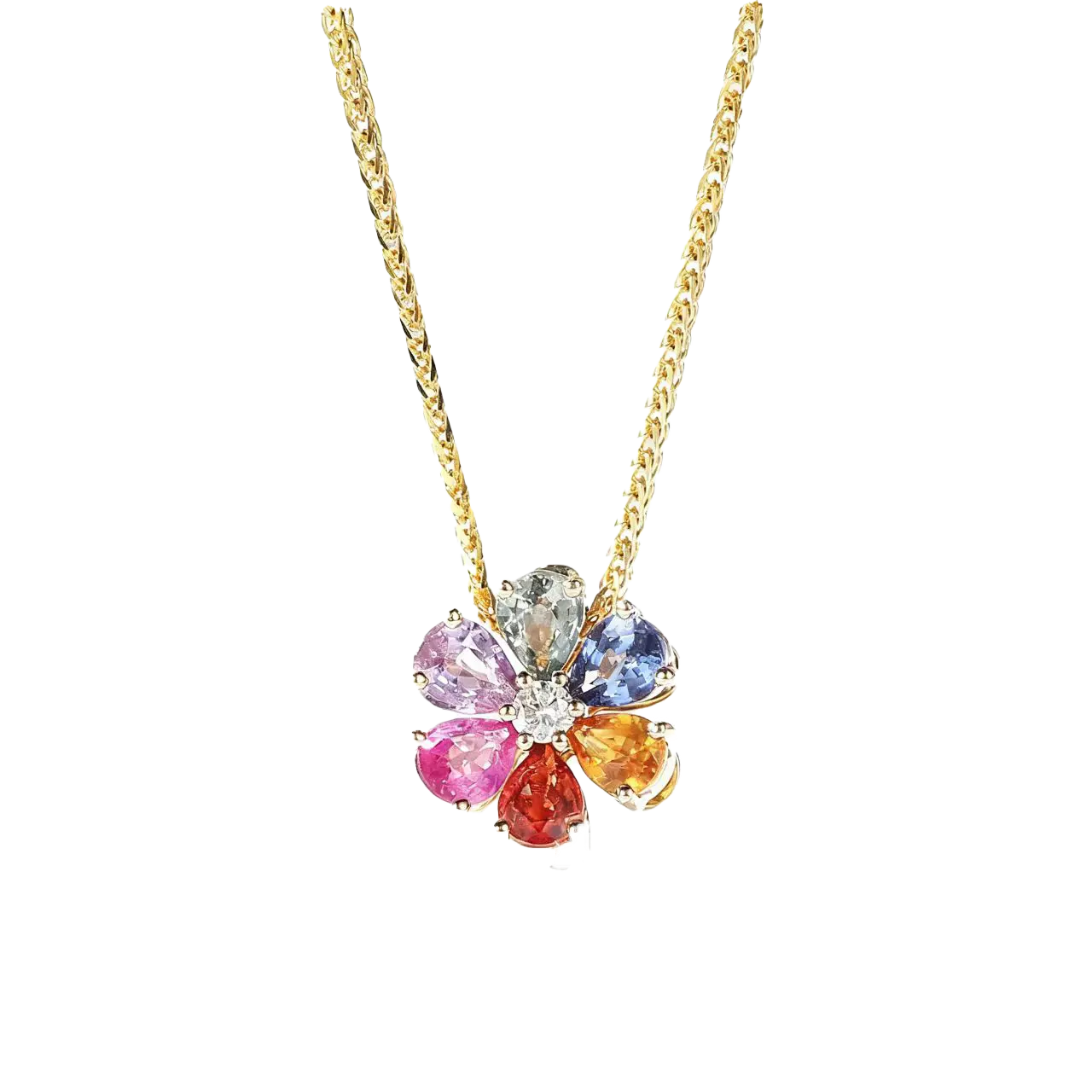 Multicolored Lab-Grown Sapphire Flower Pendant | 18K Gold Plated 925 Sterling Silver Necklace with Moissanite - BOCOS Jewelry