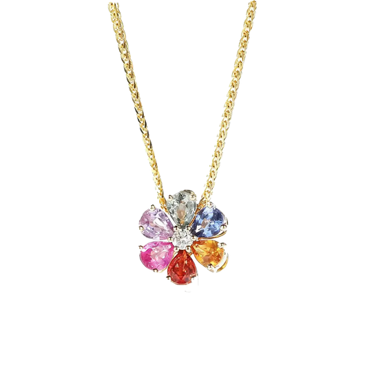 Multicolored Lab-Grown Sapphire Flower Pendant | 18K Gold Plated 925 Sterling Silver Necklace with Moissanite - BOCOS Jewelry