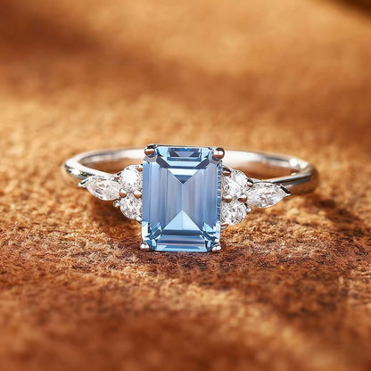 2ct Emerald Cut Lab-Grown Spinel Ring with Moissanite | 925 Sterling Silver Platinum Plated Engagement Ring - BOCOS Jewelry