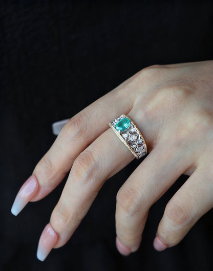 Oval Lab-Grown Paraíba Ring with Round Moissanite | 925 Sterling Silver Two-Tone Gold Plated Vintage Ring - BOCOS Jewelry