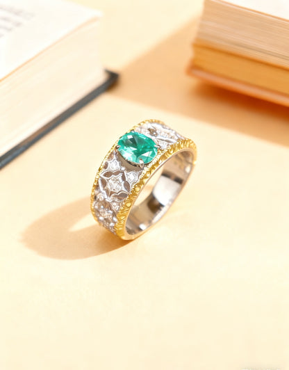 Oval Lab-Grown Paraíba Ring with Round Moissanite | 925 Sterling Silver Two-Tone Gold Plated Vintage Ring - BOCOS Jewelry