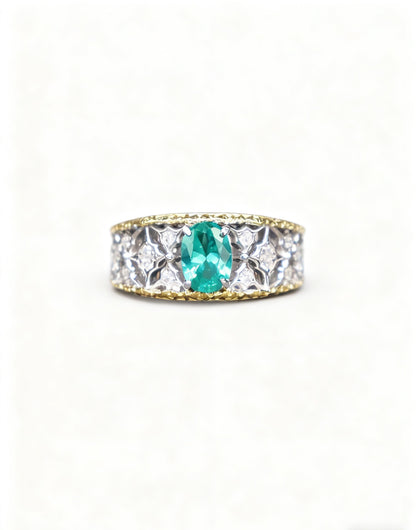 Oval Lab-Grown Paraíba Ring with Round Moissanite | 925 Sterling Silver Two-Tone Gold Plated Vintage Ring - BOCOS Jewelry