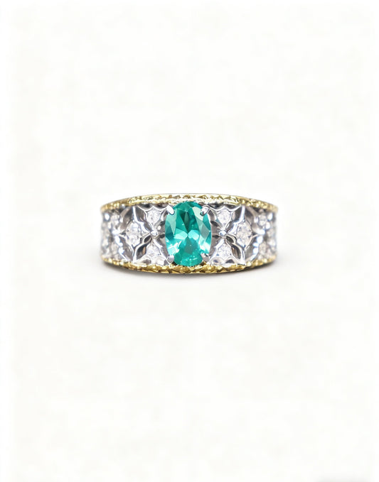 Oval Lab-Grown Paraíba Ring with Round Moissanite | 925 Sterling Silver Two-Tone Gold Plated Vintage Ring - BOCOS Jewelry