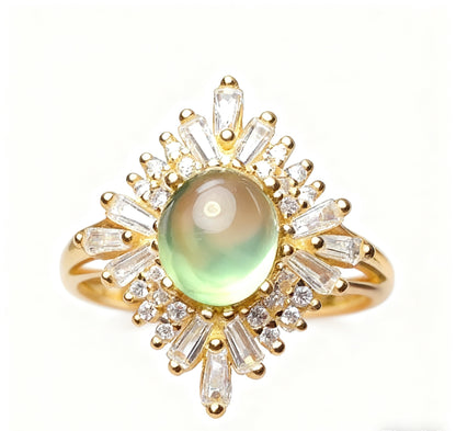 1.2ct Oval Prehnite Ring with Moissanite | 18K Gold Plated 925 Sterling Silver Dainty Daily Ring - BOCOS Jewelry