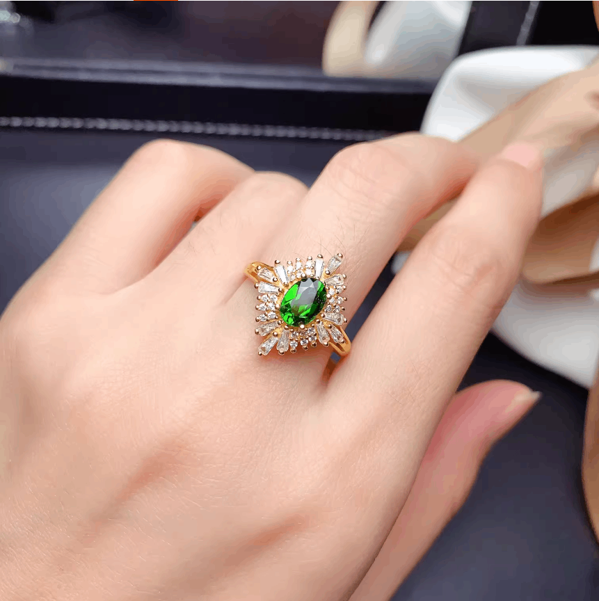 1.5ct Oval Diopside Ring with Moissanite | 18K Gold Plated 925 Sterling Silver Vintage Firework Ring - BOCOS Jewelry