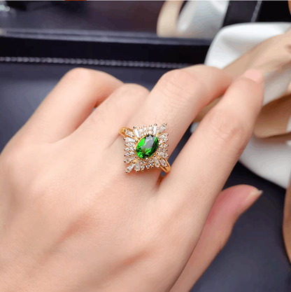 1.5ct Oval Diopside Ring with Moissanite | 18K Gold Plated 925 Sterling Silver Vintage Firework Ring - BOCOS Jewelry