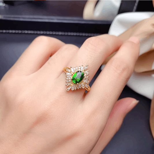1.5ct Oval Diopside Ring with Moissanite | 18K Gold Plated 925 Sterling Silver Vintage Firework Ring - BOCOS Jewelry