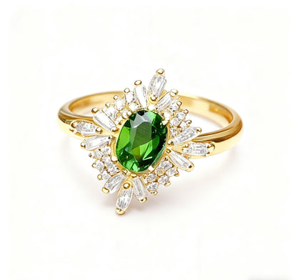 1.5ct Oval Diopside Ring with Moissanite | 18K Gold Plated 925 Sterling Silver Vintage Firework Ring - BOCOS Jewelry