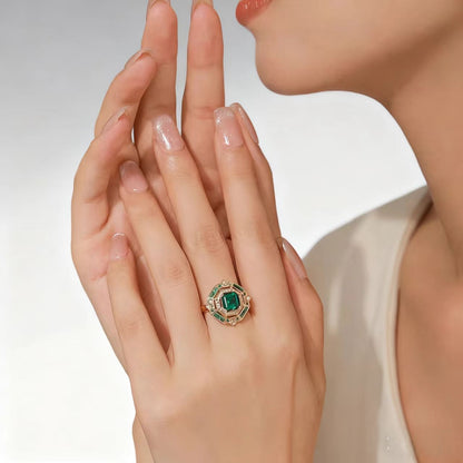 2ct Square Emerald Cut (Asscher Cut) Lab-Grown Emerald Ring with Moissanite & Emerald Accents | 18K Gold Plated 925 Sterling Silver Art Deco Statement Ring - BOCOS Jewelry