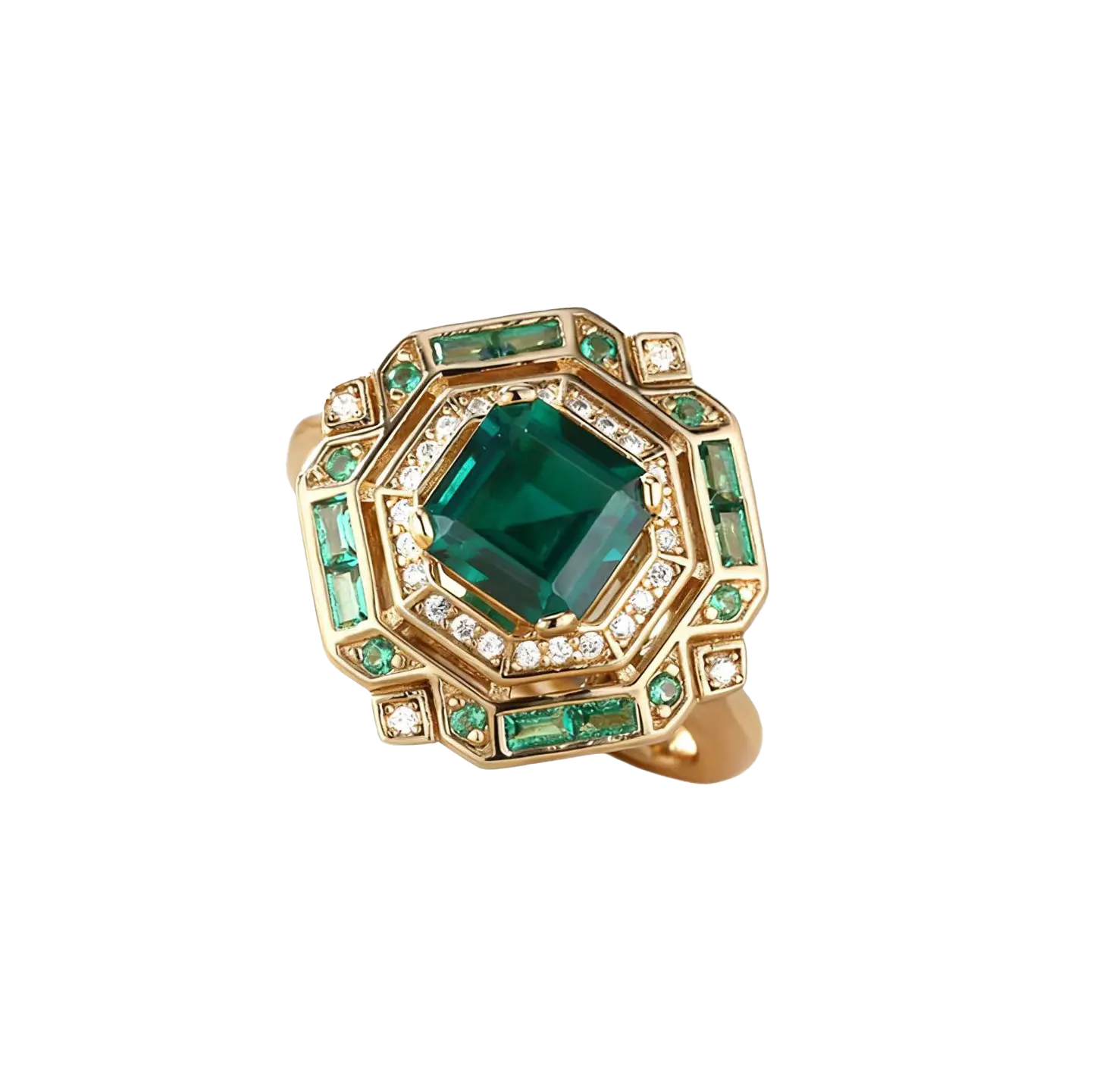 2ct Square Emerald Cut (Asscher Cut) Lab-Grown Emerald Ring with Moissanite & Emerald Accents | 18K Gold Plated 925 Sterling Silver Art Deco Statement Ring - BOCOS Jewelry