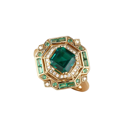 2ct Square Emerald Cut (Asscher Cut) Lab-Grown Emerald Ring with Moissanite & Emerald Accents | 18K Gold Plated 925 Sterling Silver Art Deco Statement Ring - BOCOS Jewelry