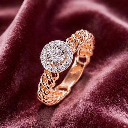 1ct Round Moissanite Halo Ring | 925 Sterling Silver Rose Gold Plated Two-Tone Chain Ring - BOCOS Jewelry
