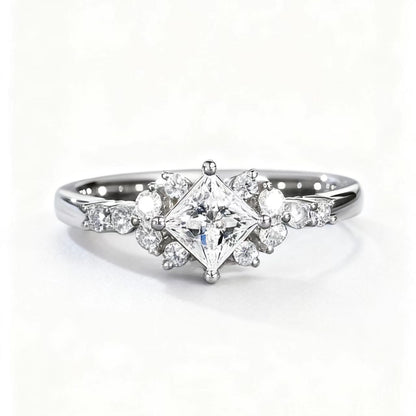 1ct Princess Cut Moissanite Ring | 925 Sterling Silver Platinum Plated Floral Cluster Ring - BOCOS Jewelry