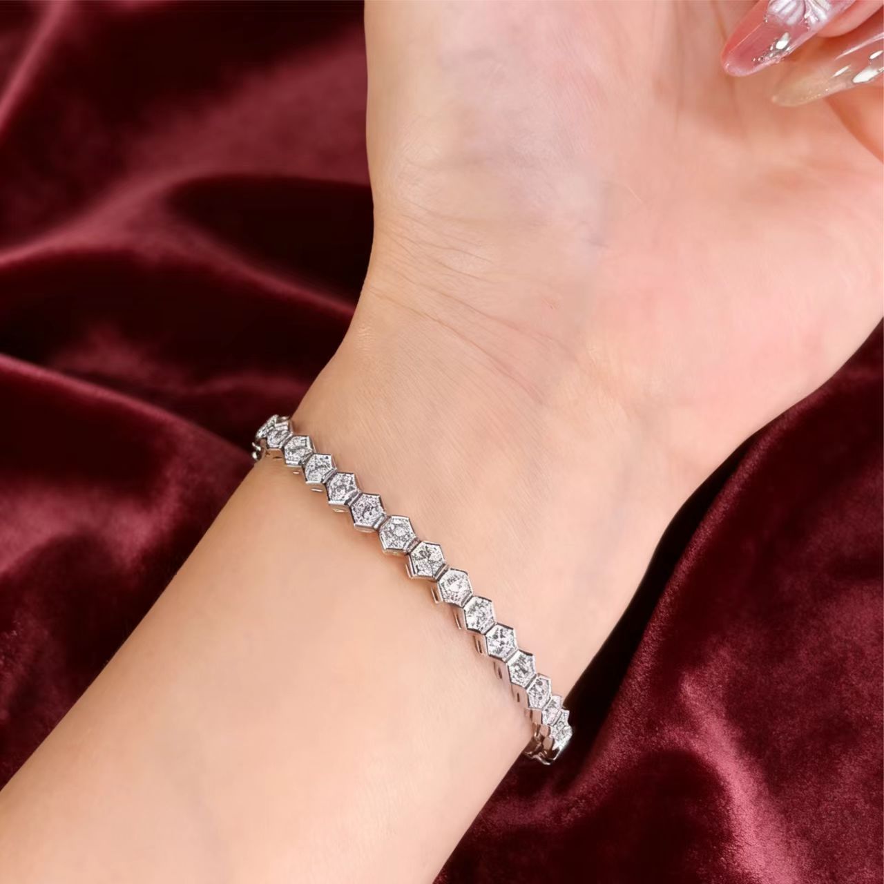 Hexagon Moissanite Tennis Bracelet | 925 Sterling Silver Platinum Plated Statement Bracelet - BOCOS Jewelry
