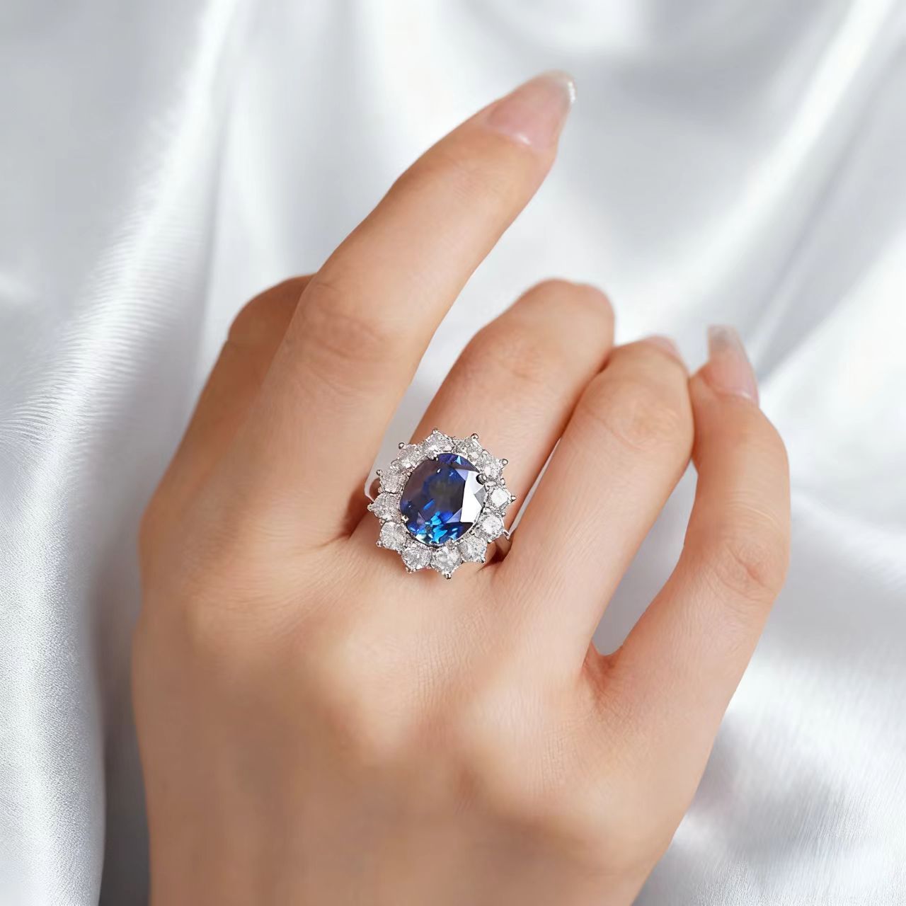 5ct Oval Cut Lab-Grown Blue Sapphire Halo Ring | 925 Sterling Silver Platinum Plated Statement Ring
