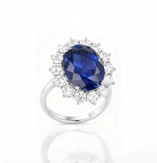 5ct Oval Cut Lab-Grown Blue Sapphire Halo Ring | 925 Sterling Silver Platinum Plated Statement Ring