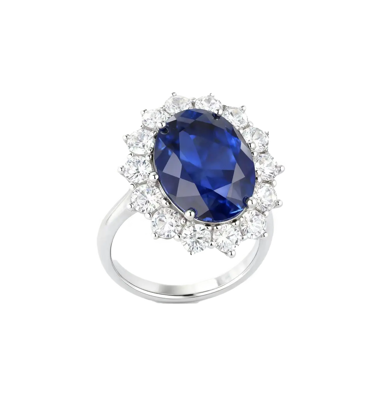 5ct Oval Cut Lab-Grown Blue Sapphire Halo Ring | 925 Sterling Silver Platinum Plated Statement Ring