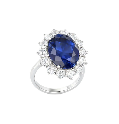 5ct Oval Cut Lab-Grown Blue Sapphire Halo Ring | 925 Sterling Silver Platinum Plated Statement Ring