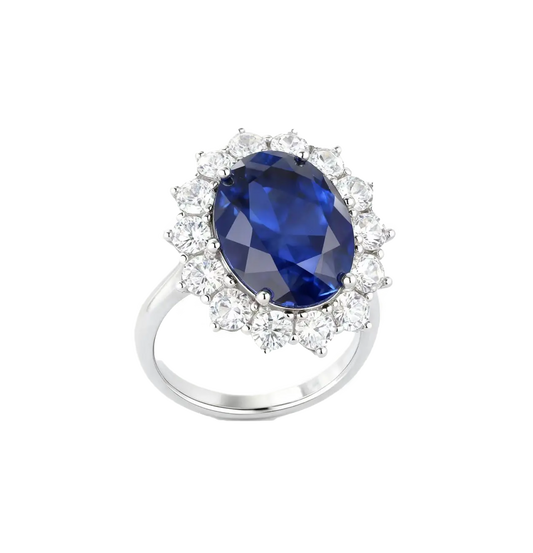 5ct Oval Cut Lab-Grown Blue Sapphire Halo Ring | 925 Sterling Silver Platinum Plated Statement Ring