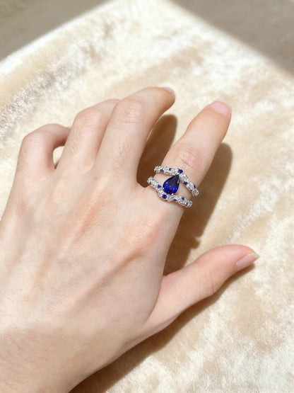 1.5ct Pear Cut Lab-Grown Blue Sapphire Ring with Moissanite | 925 Sterling Silver Platinum Plated Double-Band Ring