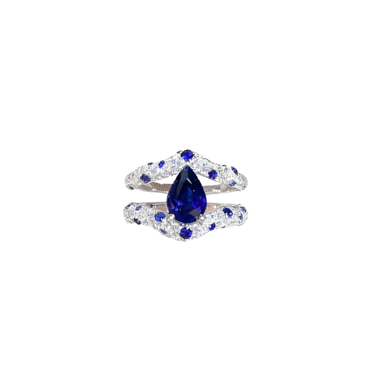 1.5ct Pear Cut Lab-Grown Blue Sapphire Ring with Moissanite | 925 Sterling Silver Platinum Plated Double-Band Ring