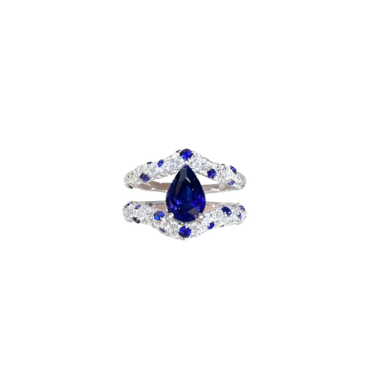 1.5ct Pear Cut Lab-Grown Blue Sapphire Ring with Moissanite | 925 Sterling Silver Platinum Plated Double-Band Ring