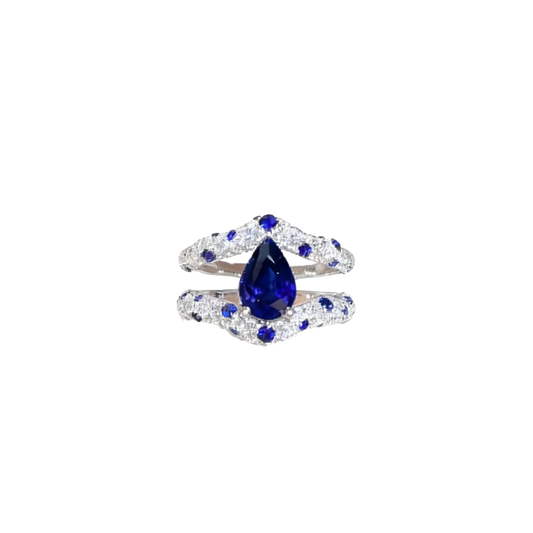 1.5ct Pear Cut Lab-Grown Blue Sapphire Ring with Moissanite | 925 Sterling Silver Platinum Plated Double-Band Ring