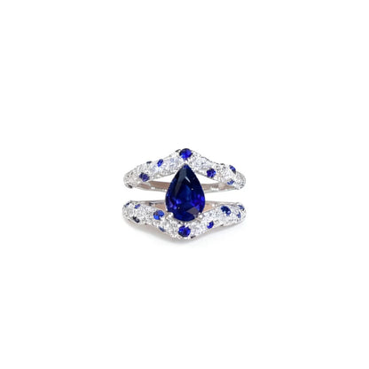 1.5ct Pear Cut Lab-Grown Blue Sapphire Ring with Moissanite | 925 Sterling Silver Platinum Plated Double-Band Ring