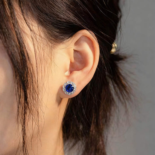 Round Cut Lab-Grown Blue Sapphire Halo Earrings | 925 Sterling Silver Platinum Plated Stud Earrings