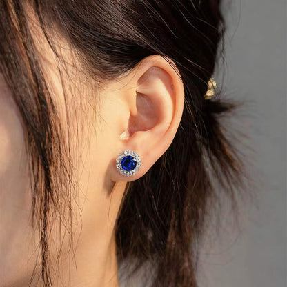 Round Cut Lab-Grown Blue Sapphire Halo Earrings | 925 Sterling Silver Platinum Plated Stud Earrings