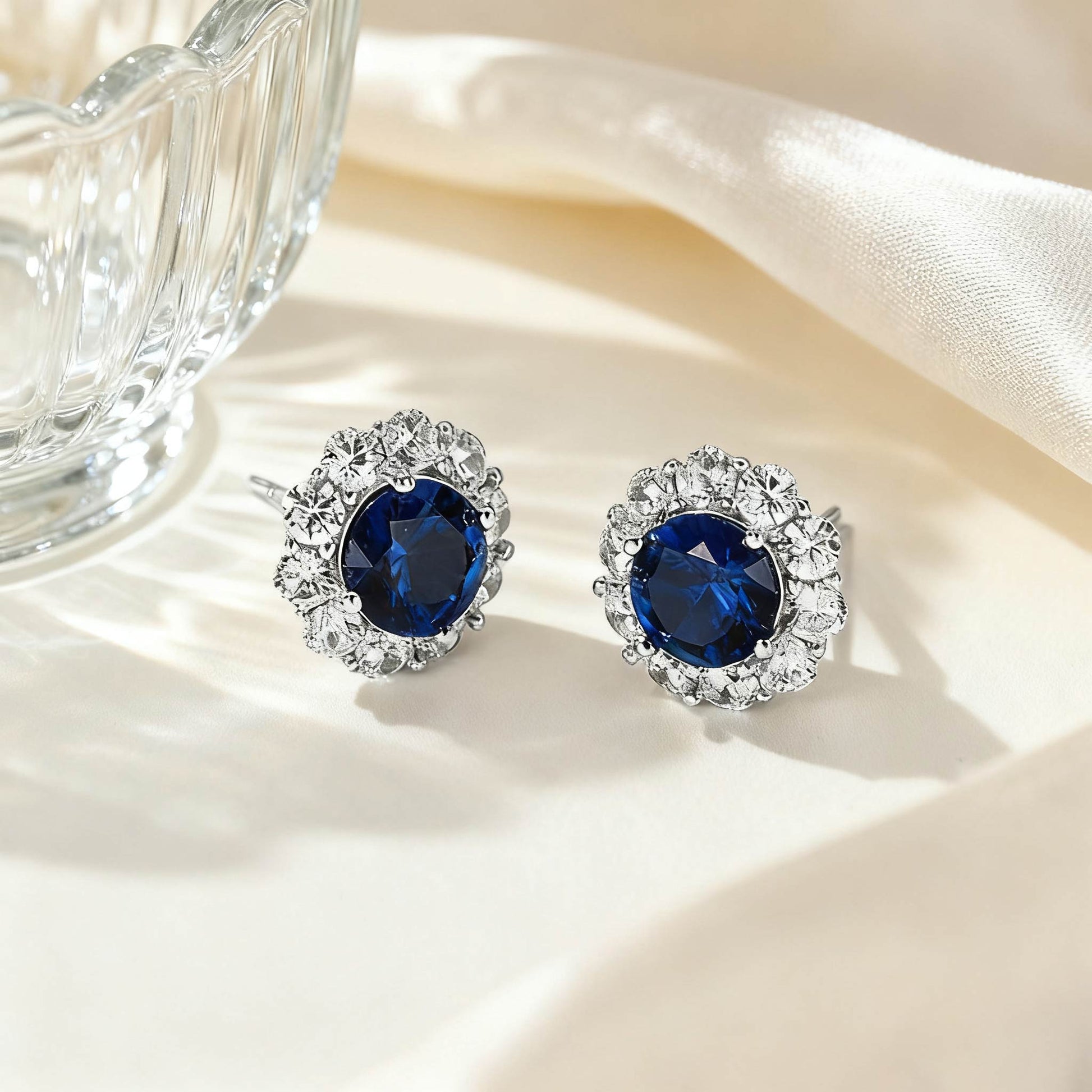 Round Cut Lab-Grown Blue Sapphire Halo Earrings | 925 Sterling Silver Platinum Plated Stud Earrings