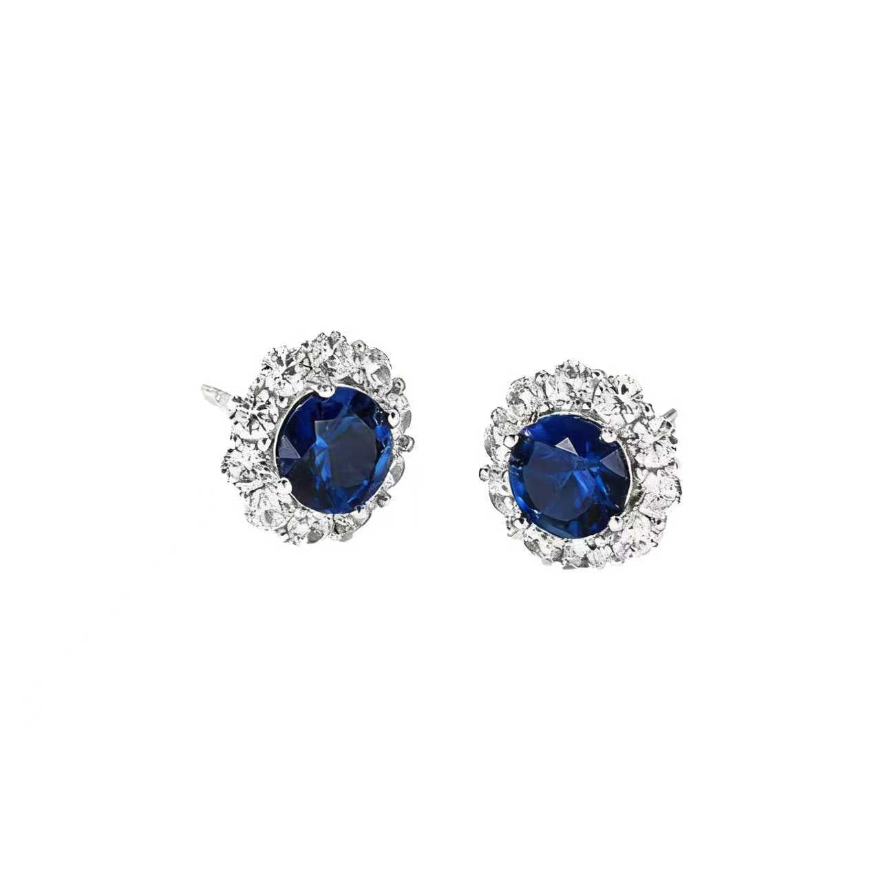 Round Cut Lab-Grown Blue Sapphire Halo Earrings | 925 Sterling Silver Platinum Plated Stud Earrings