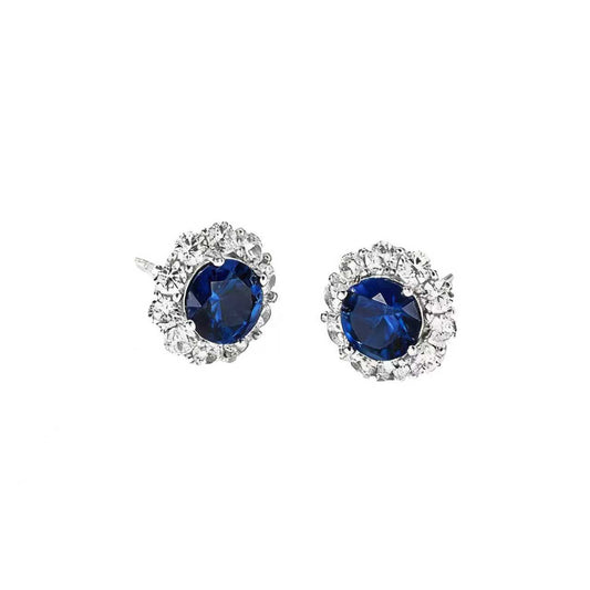 Round Cut Lab-Grown Blue Sapphire Halo Earrings | 925 Sterling Silver Platinum Plated Stud Earrings
