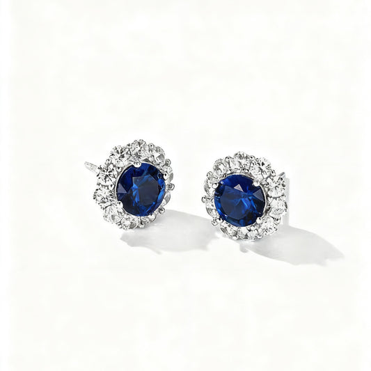 Round Cut Lab-Grown Blue Sapphire Halo Earrings | 925 Sterling Silver Platinum Plated Stud Earrings