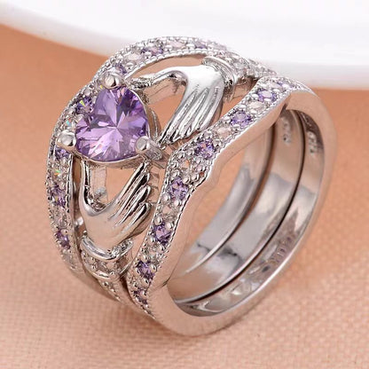 Heart Cut Lab-Grown Purple Sapphire Claddagh Stackable Ring Set | 925 Sterling Silver Irish-Inspired Three-Piece Ring