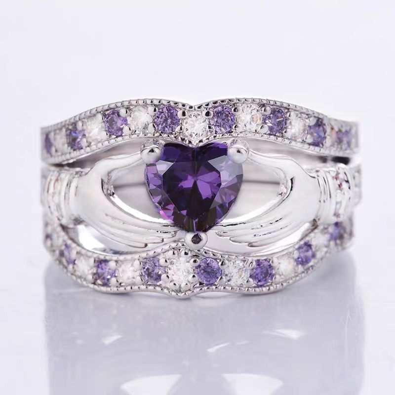 Heart Cut Lab-Grown Purple Sapphire Claddagh Stackable Ring Set | 925 Sterling Silver Irish-Inspired Three-Piece Ring