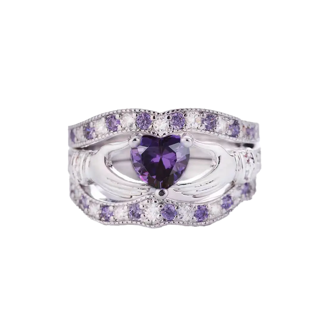Heart Cut Lab-Grown Purple Sapphire Claddagh Stackable Ring Set | 925 Sterling Silver Irish-Inspired Three-Piece Ring
